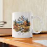 Autumn Mountain Landscape Ceramic Cup, Custom Nature Inspired Mug, Personalized Fall Scenery Coffee Mug For Friend Coworker, Gift For Nature Lovers, Customized Name White Cup 11oz