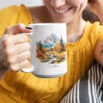 Autumn Mountain Landscape Ceramic Cup, Custom Nature Inspired Mug, Personalized Fall Scenery Coffee Mug For Friend Coworker, Gift For Nature Lovers, Customized Name White Cup 11oz