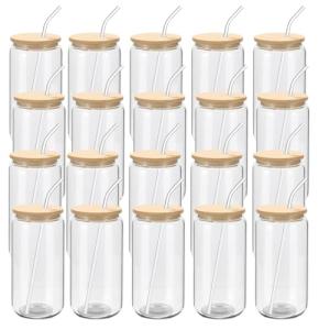 YOUKE OLA 20 Pack Glass Cups with Bamboo Lids and Glass Straw 16oz Beer Can Shaped Drinking Glasses Cups, Glass Tumbler Reusable Cute Cups for Whiskey, Iced Coffee, Tea, Soda, Cocktail, Gift, Clear