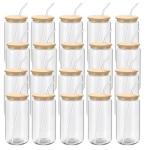 YOUKE OLA 20 Pack Glass Cups with Bamboo Lids and Glass Straw 16oz Beer Can Shaped Drinking Glasses Cups, Glass Tumbler Reusable Cute Cups for Whiskey, Iced Coffee, Tea, Soda, Cocktail, Gift, Clear