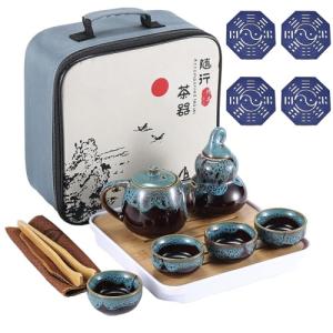 Chinese Kongfu Tea Set,Portable Porcelain Travel Tea Set with Tea cup, teapot, tea caddy, Bamboo Tray,Tea Clip,Tea towel and Carrying Bag Suitable for Travel, Home,Outdoor and Office