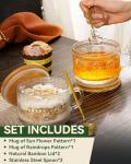 Vintage Glass Coffee Mugs Set of 2, Overnight Oats Containers with Bamboo Lids and Spoons - 14oz Clear Tea Cups for Cappuccino Latte Americano Cereal Yogurt Beverage