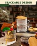 Vintage Glass Coffee Mugs Set of 2, Overnight Oats Containers with Bamboo Lids and Spoons - 14oz Clear Tea Cups for Cappuccino Latte Americano Cereal Yogurt Beverage