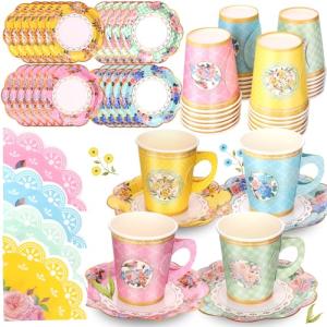 BSRESIN 72 Pcs Paper Floral Disposable Tea Cups Saucer Set, 9 OZ Vintage Tea Cups and Plates with Tea Party Napkins for Birthday Baby Shower Bridal Wedding Afternoon Tea Party Decorations Supplies