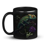 Chameleon Black Mug, Customized Unique Animal Ceramic Cup 11oz 15oz, Personalized Wildlife Enthusiasts Mug, Flower Design Cup, Custom Name Chameleon Coffee Mug, Nature Inspired Cup
