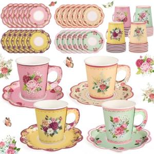 NatNarr 24 Sets Vintage Floral Tea Party Cups 7 OZ Disposable Paper Tea Cups with Handle and Plates Teacups and Saucer Sets for Baby Bridal Shower Wedding Birthday(Vintage Style)