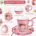NatNarr 24 Sets Vintage Floral Tea Party Cups 7 OZ Disposable Paper Tea Cups with Handle and Plates Teacups and Saucer Sets for Baby Bridal Shower Wedding Birthday(Vintage Style)