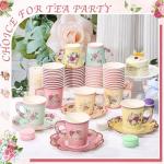 NatNarr 24 Sets Vintage Floral Tea Party Cups 7 OZ Disposable Paper Tea Cups with Handle and Plates Teacups and Saucer Sets for Baby Bridal Shower Wedding Birthday(Vintage Style)