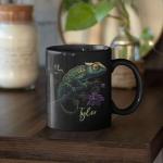 Chameleon Black Mug, Customized Unique Animal Ceramic Cup 11oz 15oz, Personalized Wildlife Enthusiasts Mug, Flower Design Cup, Custom Name Chameleon Coffee Mug, Nature Inspired Cup