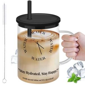 NiHome 33oz Glass Handle Cup with Silicone Lid and Straw for Daily Hydration, Large Capacity for Hot Tea, Iced Coffee, Smoothies, Ergonomic Design with Modern Minimalist Clock Pattern, Dishwasher Safe