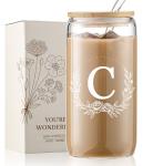 Personalized Gifts for Women, Monogrammed 16oz Glass Cups with Bamboo Lids and Straws, Customized Glass Tumbler, Cute Custom Mug, Customizable Initial Iced Coffee Glasses, Birthday Bridesmaid Mom, C