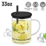 NiHome 33oz Glass Handle Cup with Silicone Lid and Straw for Daily Hydration, Large Capacity for Hot Tea, Iced Coffee, Smoothies, Ergonomic Design with Modern Minimalist Clock Pattern, Dishwasher Safe