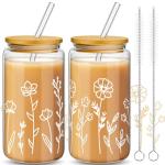 Mumufy 2 Pack Gift for Women Cute Glass Cup Tumbler Flower Iced Coffee Mugs 16 oz Glass with Bamboo Lid & Straw, Mothers Day Birthday Gift for Mom Sister Bridesmaid Baby Shower (Boho Floral)