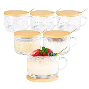 Icesip 14 oz Vintage Coffee Mugs Glass of 6 Overnight Oats Glass with Bamboo Lids Spoons Handle for Latte Cereal Yogurt(6 Mixed Pattern with Spoon Hole Lid)