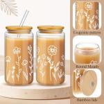 Mumufy 2 Pack Gift for Women Cute Glass Cup Tumbler Flower Iced Coffee Mugs 16 oz Glass with Bamboo Lid & Straw, Mothers Day Birthday Gift for Mom Sister Bridesmaid Baby Shower (Boho Floral)
