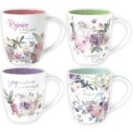 Christian Art Gifts Ceramic Coffee or Tea Mug Set for Women, Rejoice Watercolor Flowers Design Bible Verse Mug Set, Boxed Set of 4 Coffee Cups