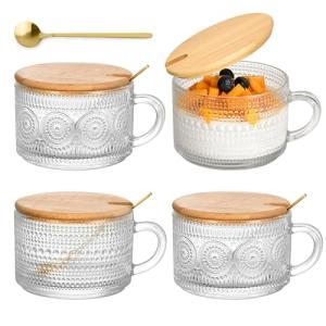 Vintage Glass Coffee Mugs 4 Set, 14oz Overnight Oats Containers with Bamboo Lids and spoon, Glass Tea Cups, Coffee Bar Accessories, Ideal Birthday, Holiday Gifts for Women