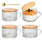 Vintage Glass Coffee Mugs 4 Set, 14oz Overnight Oats Containers with Bamboo Lids and spoon, Glass Tea Cups, Coffee Bar Accessories, Ideal Birthday, Holiday Gifts for Women