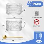 Vintage Glass Coffee Mugs 4 Set, 14oz Overnight Oats Containers with Bamboo Lids and spoon, Glass Tea Cups, Coffee Bar Accessories, Ideal Birthday, Holiday Gifts for Women