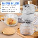 Vintage Glass Coffee Mugs 4 Set, 14oz Overnight Oats Containers with Bamboo Lids and spoon, Glass Tea Cups, Coffee Bar Accessories, Ideal Birthday, Holiday Gifts for Women