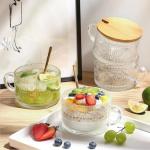 Vintage Glass Coffee Mugs 4 Set, 14oz Overnight Oats Containers with Bamboo Lids and spoon, Glass Tea Cups, Coffee Bar Accessories, Ideal Birthday, Holiday Gifts for Women