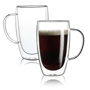 Aurzen 2 Pack Double Walled Glass Coffee Mugs with Handles, Large Insulated Layer Coffee Cups, 15oz Clear Borosilicate Mugs, Perfect for Cappuccino, Tea, Microwave Safe