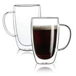 Aurzen 2 Pack Double Walled Glass Coffee Mugs with Handles, Large Insulated Layer Coffee Cups, 15oz Clear Borosilicate Mugs, Perfect for Cappuccino, Tea, Microwave Safe