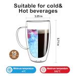 Aurzen 2 Pack Double Walled Glass Coffee Mugs with Handles, Large Insulated Layer Coffee Cups, 15oz Clear Borosilicate Mugs, Perfect for Cappuccino, Tea, Microwave Safe