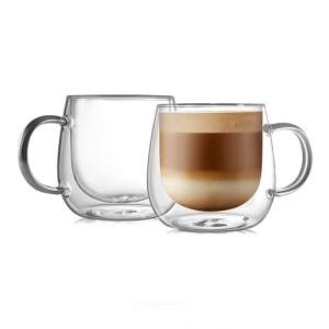 CNGLASS 16oz Double Walled Glass Coffee Mugs(2-pack),Large Clear Coffee Cups with Handle,Glass Espresso Mugs for Latte,Cappuccino,Tea