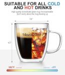 OJA Double Walled Glass Coffee Mugs Set of 4 Hand Blown 14OZ Clear Coffee Cups, Heat Resistant for Cappuccino, Tea, Latte, Espresso, Americano Insulated Borosilicate Glass with Handle