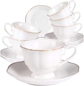 Guangyang 12 Pieces Tea Cup set Fine Porcelain 6oz Cup and Saucer set of 6 for Cappuccino Tea Flat White Coffee