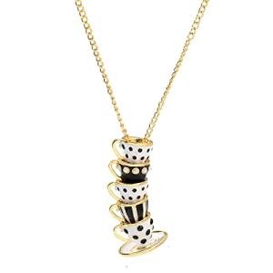 Dainty Interlock Teacup Teapot Coffee Tea Cup Pendant Necklace - Elegant Teacup Long Sweater Necklace for Women Fashion Jewelry - Black White