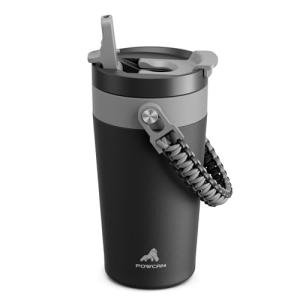 16 oz Insulated Coffee Mug for Travel: 2-in-1 Straw Flip Lid, Keep Cold 24H, Fit in Car Cupholder, Leakproof, Stainless Steel Coffee Tumbler with Handle for Work, Outdoor, Gifts and Home (Midnight)
