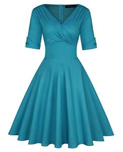 MINTLIMIT Women's Cocktail Dress Half Sleeve Vintage 1950s Retro Rockabilly Prom Tea Dresses (Teal Green - Size L)