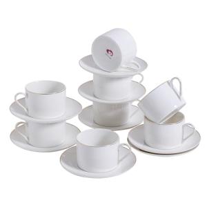 PRECITIME Classic White Porcelain 6.6oz Tea Cup and Saucer Set - 8 pieces cups and Saucers Set with gold trim, Elegant and Versatile for Daily Use, Gift