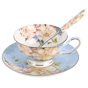 JinGlory Blue Tea Cup,Floral Tea Cup and Saucer Set,Bone China Tea Set,Coffee Cup,Tea Set for Adults/Friends/Women/Men,7OZ