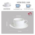 PRECITIME Classic White Porcelain 6.6oz Tea Cup and Saucer Set - 8 pieces cups and Saucers Set with gold trim, Elegant and Versatile for Daily Use, Gift