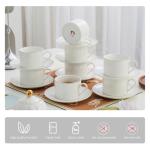 PRECITIME Classic White Porcelain 6.6oz Tea Cup and Saucer Set - 8 pieces cups and Saucers Set with gold trim, Elegant and Versatile for Daily Use, Gift
