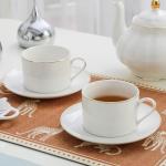 PRECITIME Classic White Porcelain 6.6oz Tea Cup and Saucer Set - 8 pieces cups and Saucers Set with gold trim, Elegant and Versatile for Daily Use, Gift