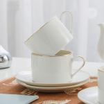 PRECITIME Classic White Porcelain 6.6oz Tea Cup and Saucer Set - 8 pieces cups and Saucers Set with gold trim, Elegant and Versatile for Daily Use, Gift