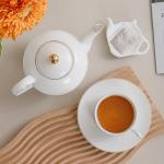 PRECITIME Classic White Porcelain 6.6oz Tea Cup and Saucer Set - 8 pieces cups and Saucers Set with gold trim, Elegant and Versatile for Daily Use, Gift