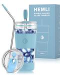 Hemli 19 oz. Double Wall Glass Coffee Tumbler, To Go Travel Mug with Lid, Portable Glass Thermos with Straw, Reusable Cup, Tea, Smoothies, Ice Coffee, and Boba