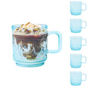 binsakao Glass Coffee Mugs 6 Pack - 12 OZ Blue Coffee Cups with Handles - Classic Vertical Stripes Transparent Tea Cup Set for Hot Cold Beverages