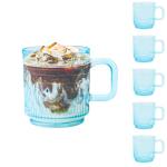 binsakao Glass Coffee Mugs 6 Pack - 12 OZ Blue Coffee Cups with Handles - Classic Vertical Stripes Transparent Tea Cup Set for Hot Cold Beverages