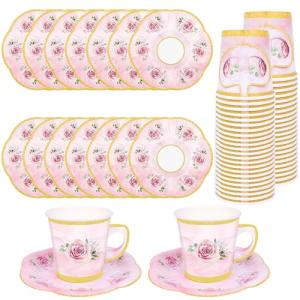 50 Pcs Paper Tea Cups and Plates Pink Floral Disposable Paper Teacups and Saucer Sets with Gold Rim Decorations for Hot Cold Drinks for Wedding Birthday Baby Shower Tea Party, Serve 25