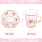 50 Pcs Paper Tea Cups and Plates Pink Floral Disposable Paper Teacups and Saucer Sets with Gold Rim Decorations for Hot Cold Drinks for Wedding Birthday Baby Shower Tea Party, Serve 25