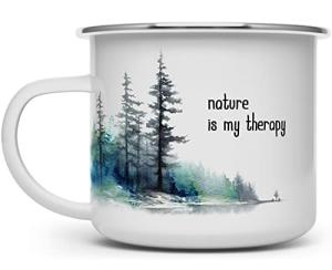 Nature is My Therapy Enamel Campfire Coffee Mug, Outdoor Lover Camping Cup, Mountains Forrest Wildlife Hiking Camp Adventure Gift (16oz)
