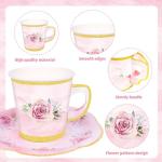 50 Pcs Paper Tea Cups and Plates Pink Floral Disposable Paper Teacups and Saucer Sets with Gold Rim Decorations for Hot Cold Drinks for Wedding Birthday Baby Shower Tea Party, Serve 25