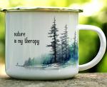 Nature is My Therapy Enamel Campfire Coffee Mug, Outdoor Lover Camping Cup, Mountains Forrest Wildlife Hiking Camp Adventure Gift (16oz)