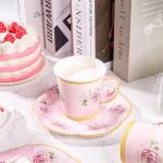 50 Pcs Paper Tea Cups and Plates Pink Floral Disposable Paper Teacups and Saucer Sets with Gold Rim Decorations for Hot Cold Drinks for Wedding Birthday Baby Shower Tea Party, Serve 25
